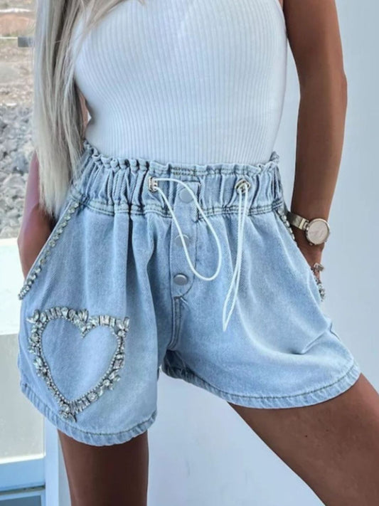 [BEST]Rhinestone Drawstring Denim Shorts