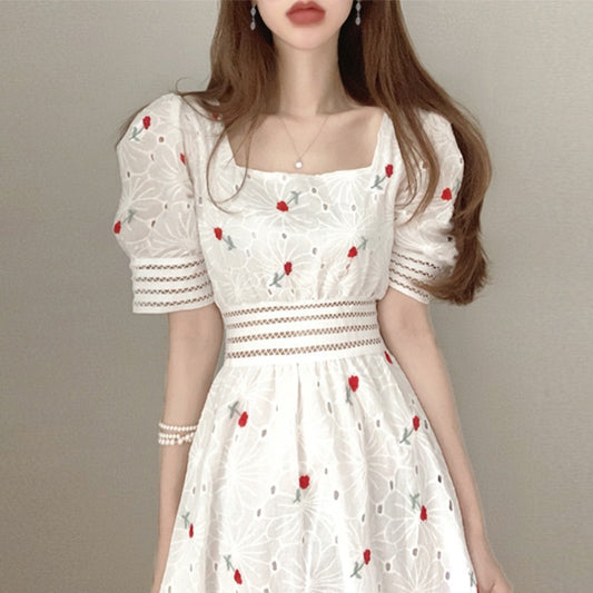 First Love Embroidery Floral Mid-length Dress