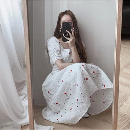 First Love Embroidery Floral Mid-length Dress