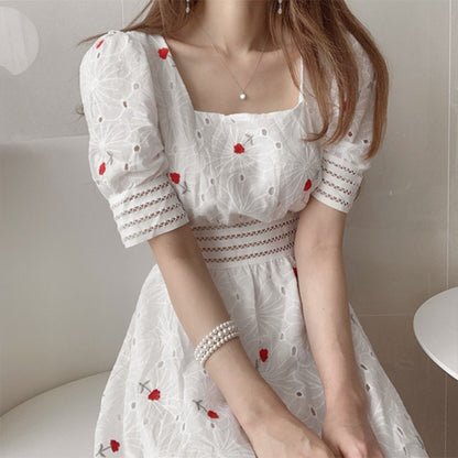 First Love Embroidery Floral Mid-length Dress