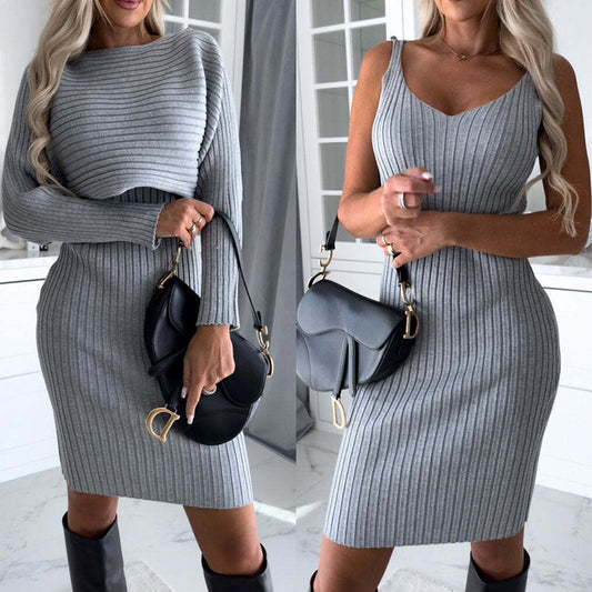 [S~3XL] 2pcs Suit Stripe Long-sleeved Top And Tight Suspender Skirt