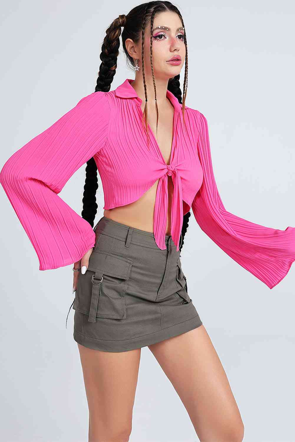 Tie Front Flare Sleeve Cropped Top