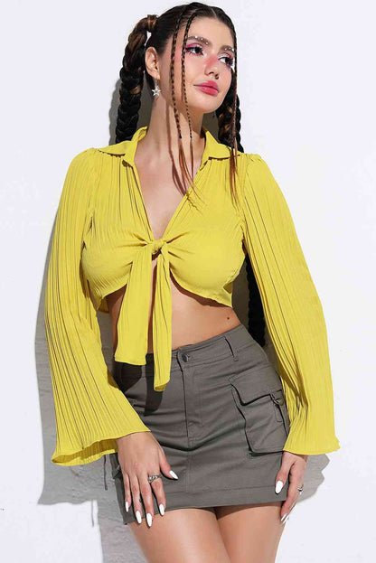 Tie Front Flare Sleeve Cropped Top