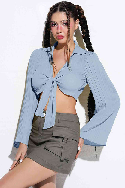 Tie Front Flare Sleeve Cropped Top