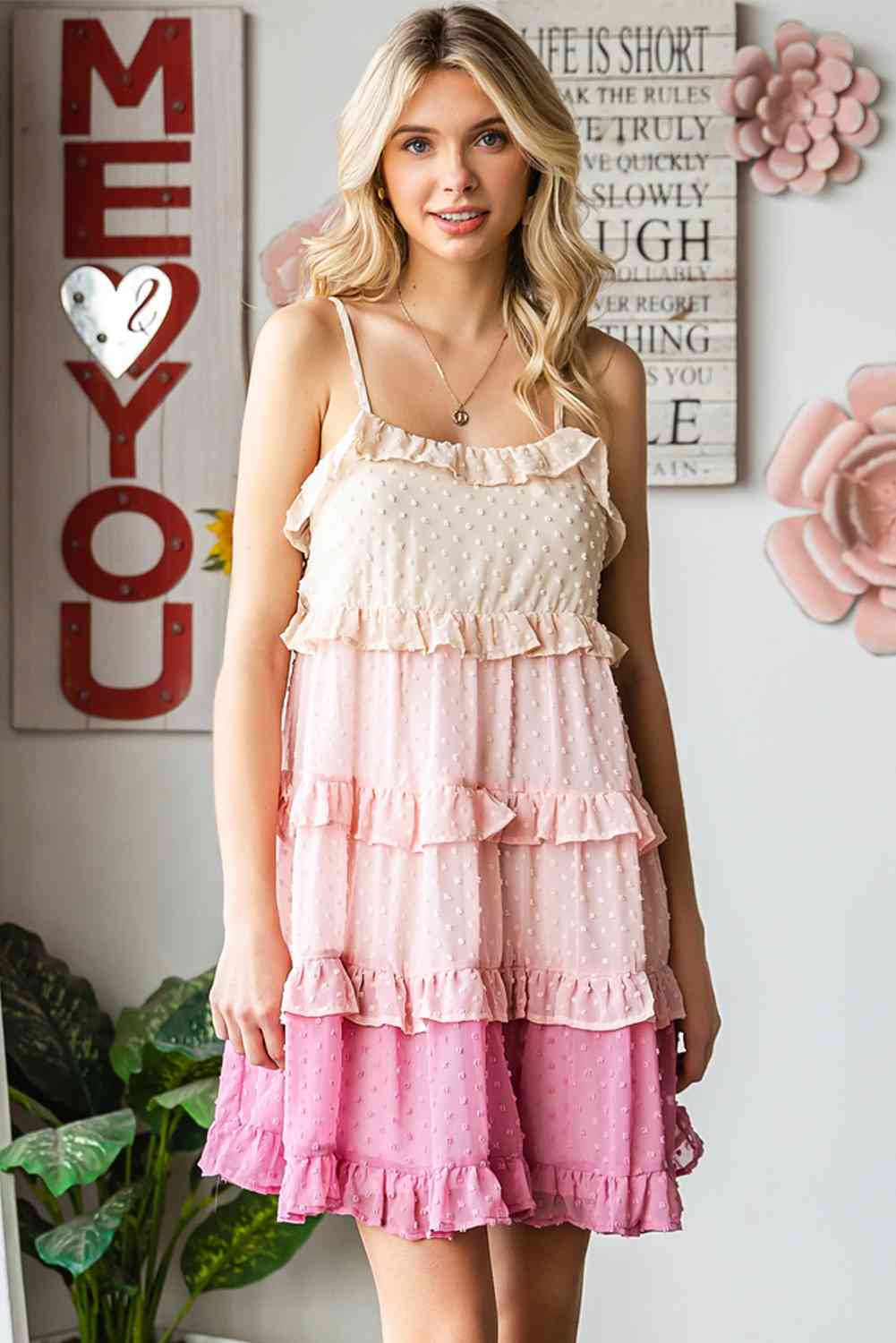 Dot Ruffled Tiered Spaghetti Strap Dress