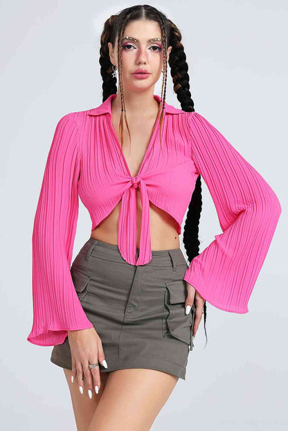 Tie Front Flare Sleeve Cropped Top