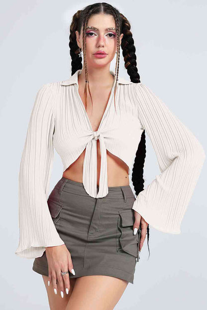 Tie Front Flare Sleeve Cropped Top