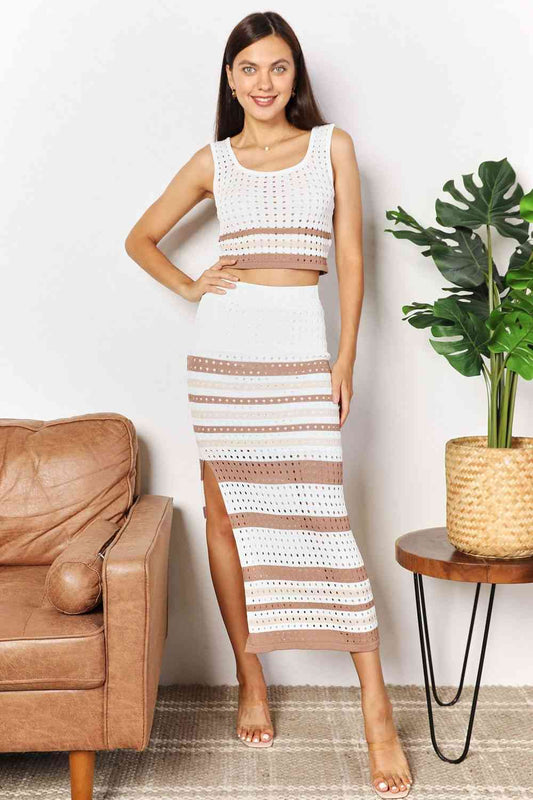 Double Striped Openwork Cropped Tank and Split Skirt Set