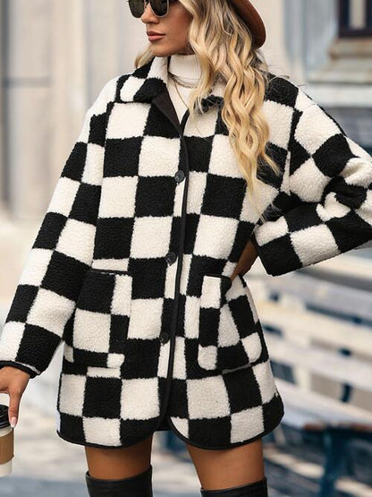 Checkered Button Coat with Pockets