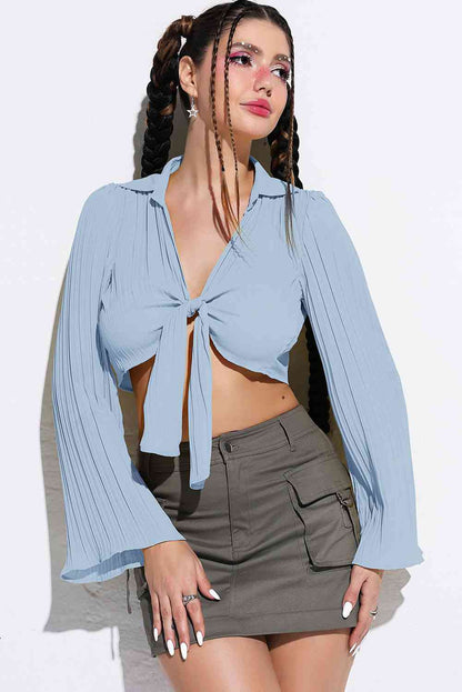 Tie Front Flare Sleeve Cropped Top