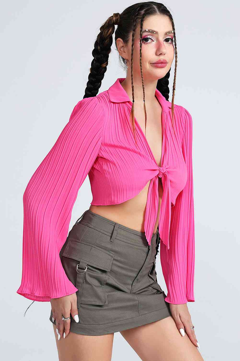 Tie Front Flare Sleeve Cropped Top