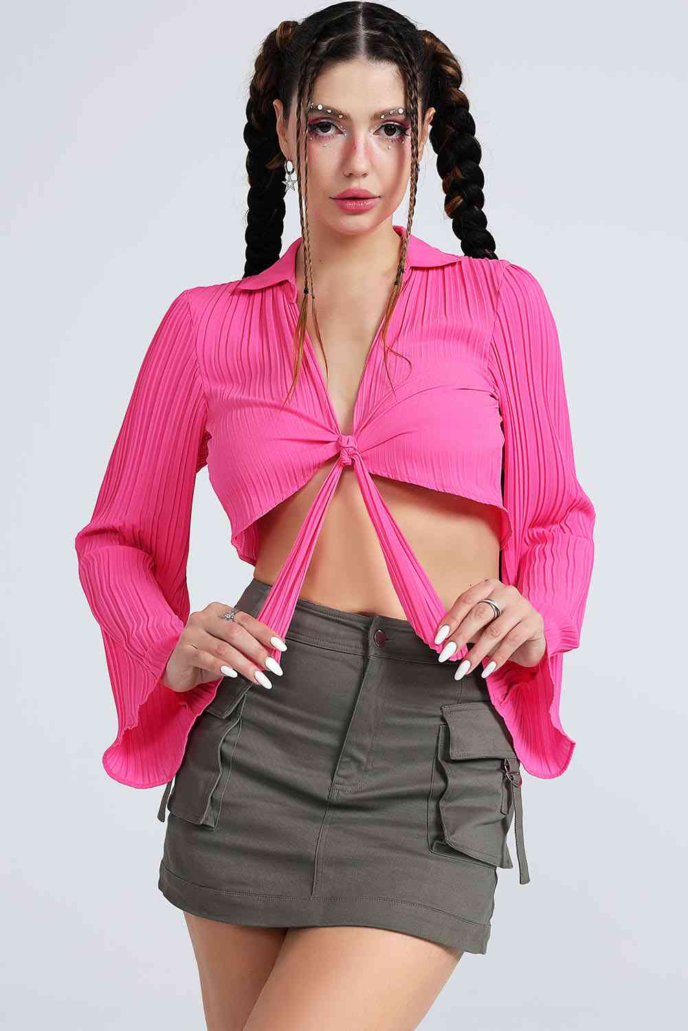 Tie Front Flare Sleeve Cropped Top