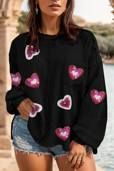 Heart Sequin Round Neck Sweatshirt