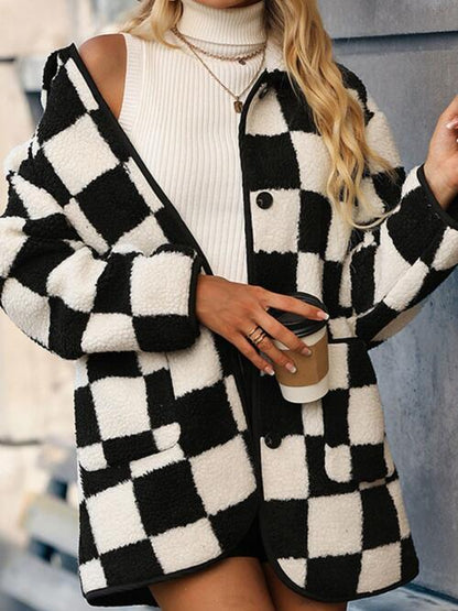 Checkered Button Coat with Pockets