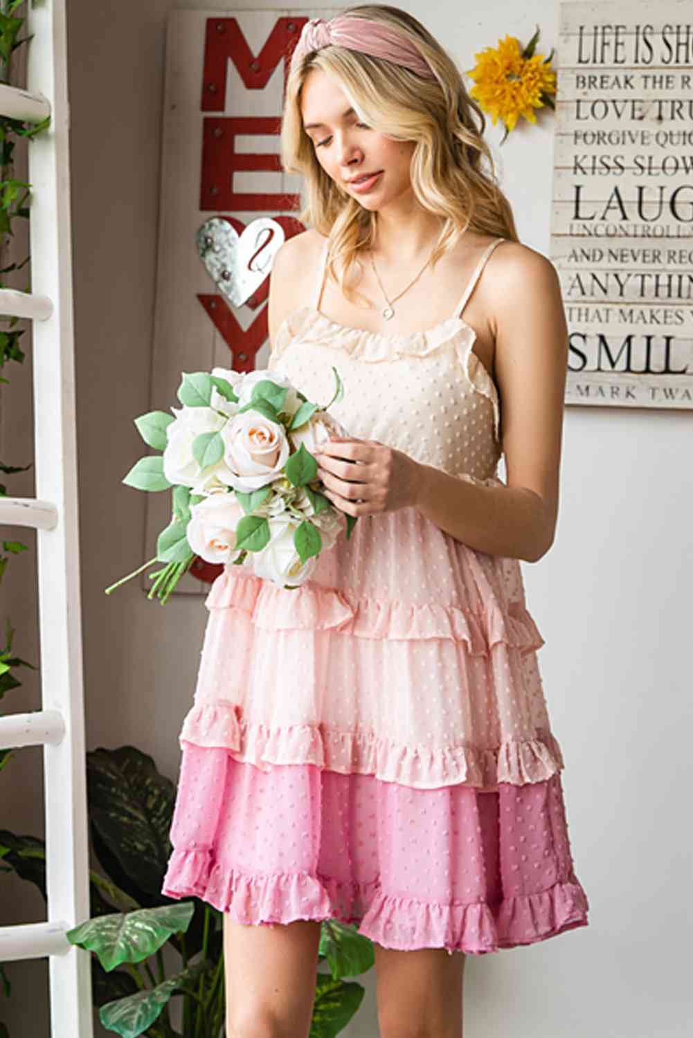 Dot Ruffled Tiered Spaghetti Strap Dress