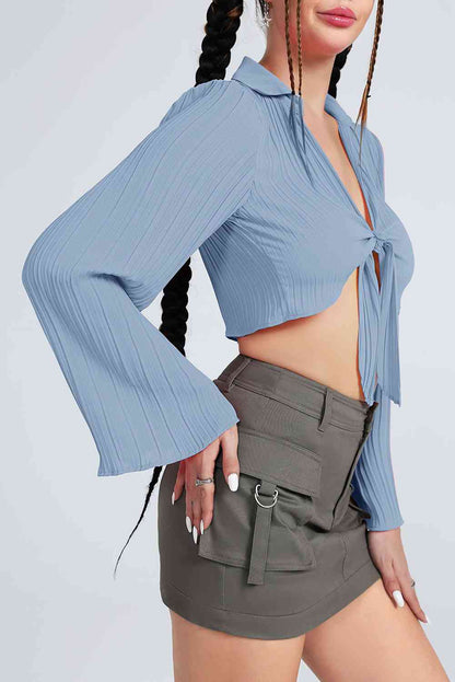 Tie Front Flare Sleeve Cropped Top